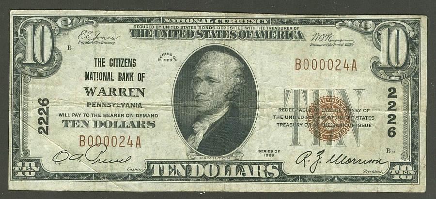 Warren, PA, Charter #2226, 1929T1 $10, B000024A, Very Fine